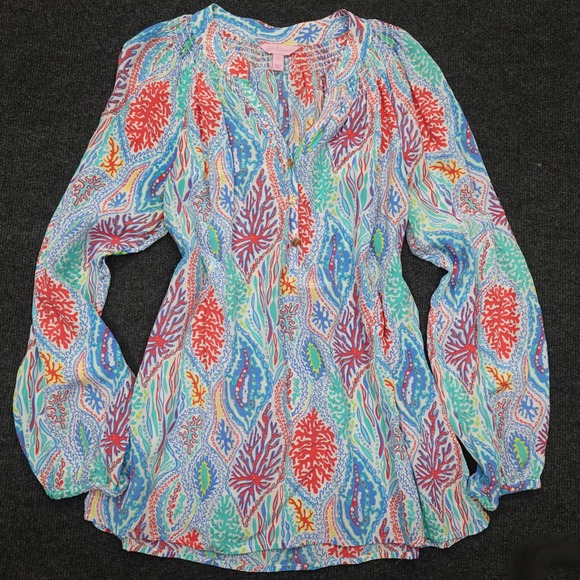 Lilly Pulitzer Blouse Coral Reef Silk Preppy Women Size L Blue - Picture 2 of 8
